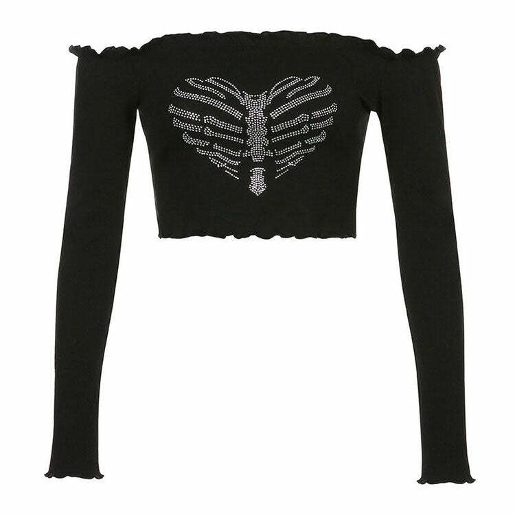 Y2K Rhinestone Bardot Top - Cute Grunge Aesthetic for Trendy Outfits