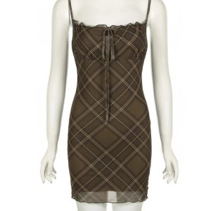 Y2K Ruched Plaid Bodycon Slip Dress for Coquette and Grunge Aesthetics