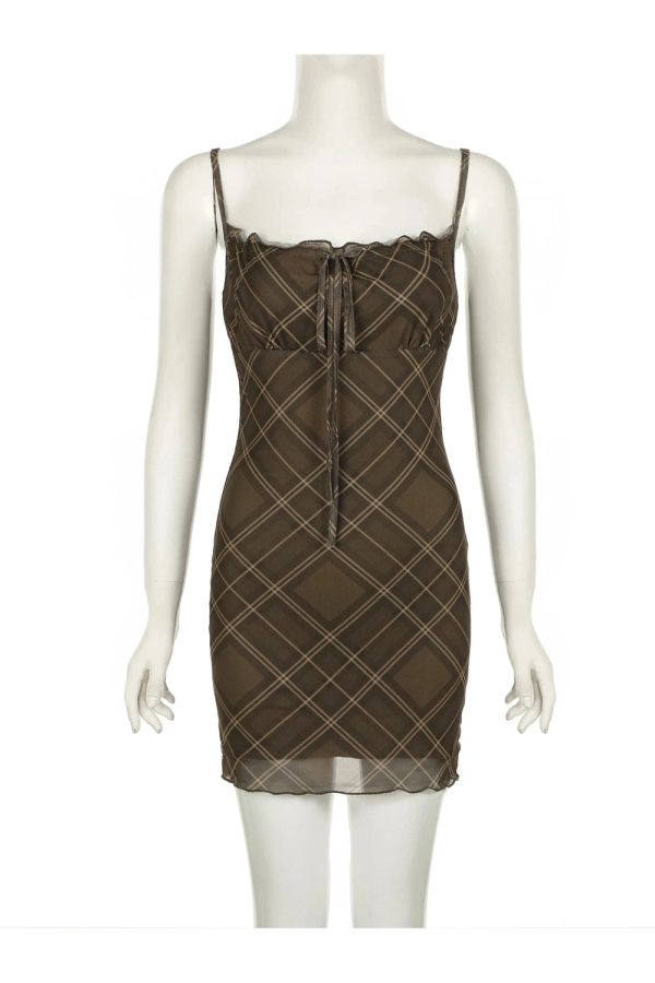 Y2K Ruched Plaid Bodycon Slip Dress for Coquette and Grunge Aesthetics