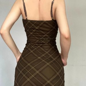 Y2K Ruched Plaid Bodycon Slip Dress for Coquette and Grunge Aesthetics