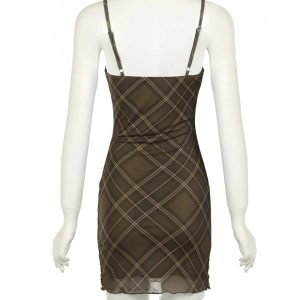 Y2K Ruched Plaid Bodycon Slip Dress for Coquette and Grunge Aesthetics