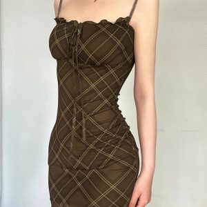 Y2K Ruched Plaid Bodycon Slip Dress for Coquette and Grunge Aesthetics