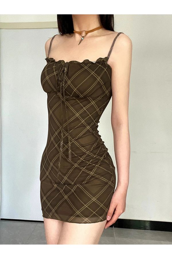 Y2K Ruched Plaid Bodycon Slip Dress for Coquette and Grunge Aesthetics