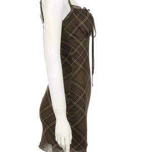 Y2K Ruched Plaid Bodycon Slip Dress for Coquette and Grunge Aesthetics