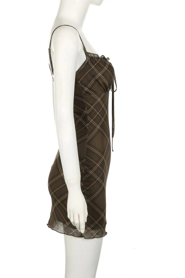 Y2K Ruched Plaid Bodycon Slip Dress for Coquette and Grunge Aesthetics