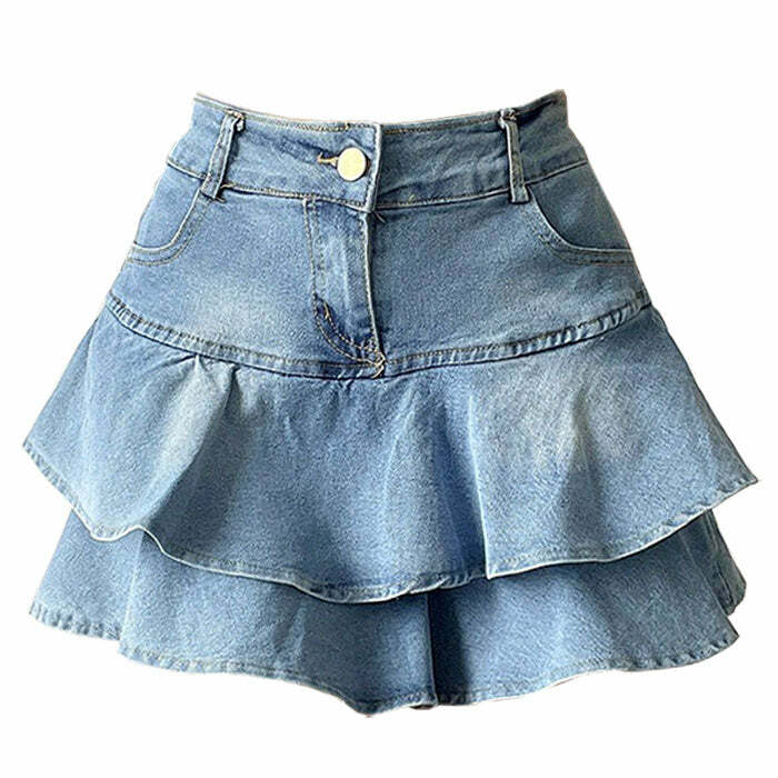 Y2K Ruffled Denim Skirt for Coquette Aesthetic & Grunge Style Outfits