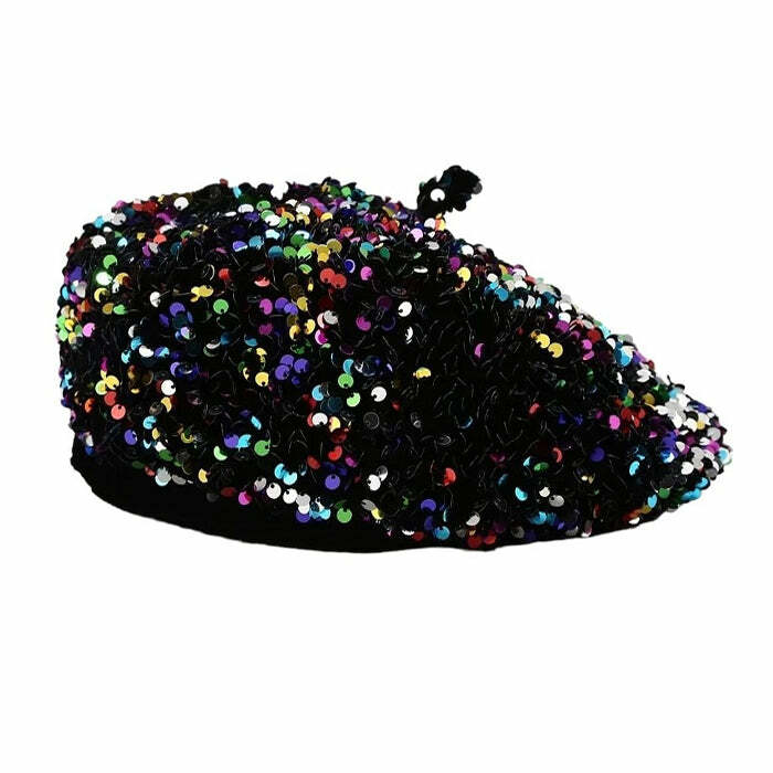 Y2K Sequin Beret Hat for Coquette Aesthetic and Grunge Style Outfits