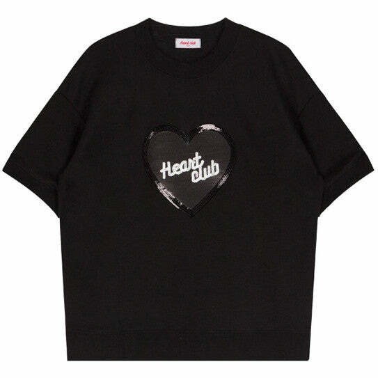 Y2K Sequin Heart Club T-Shirt for Cute Aesthetic Outfits