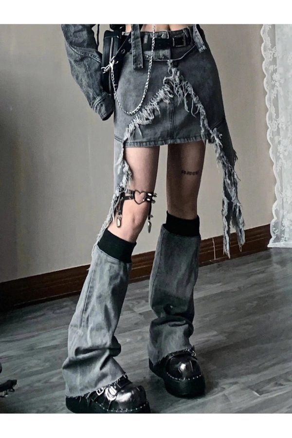 Y2K Shredded Chaos Denim Set - Grunge Aesthetic Outfit for Trendy Looks