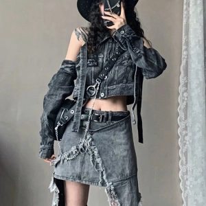 Y2K Shredded Chaos Denim Set - Grunge Aesthetic Outfit for Trendy Looks