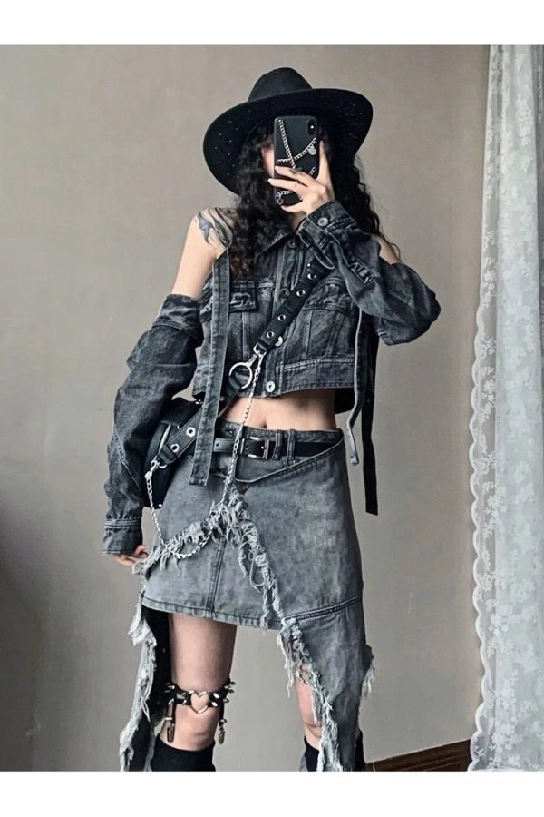 Y2K Shredded Chaos Denim Set - Grunge Aesthetic Outfit for Trendy Looks