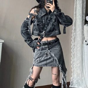 Y2K Shredded Chaos Denim Set - Grunge Aesthetic Outfit for Trendy Looks