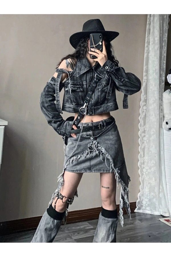 Y2K Shredded Chaos Denim Set - Grunge Aesthetic Outfit for Trendy Looks