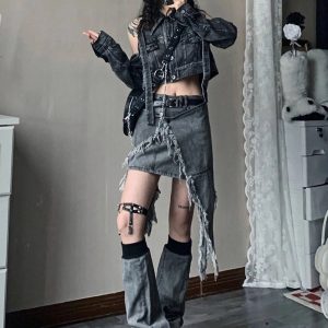 Y2K Shredded Chaos Denim Set - Grunge Aesthetic Outfit for Trendy Looks