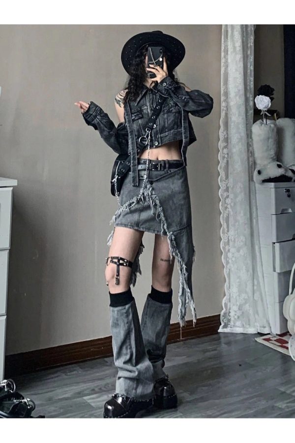 Y2K Shredded Chaos Denim Set - Grunge Aesthetic Outfit for Trendy Looks