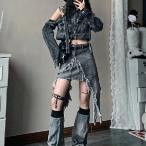 Y2K Shredded Chaos Denim Set - Grunge Aesthetic Outfit for Trendy Looks