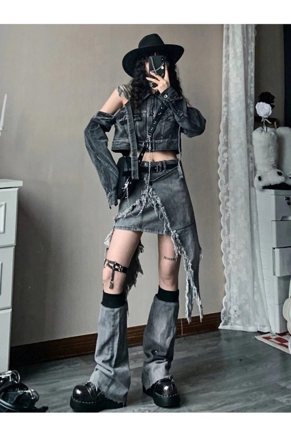 Y2K Shredded Chaos Denim Set - Grunge Aesthetic Outfit for Trendy Looks