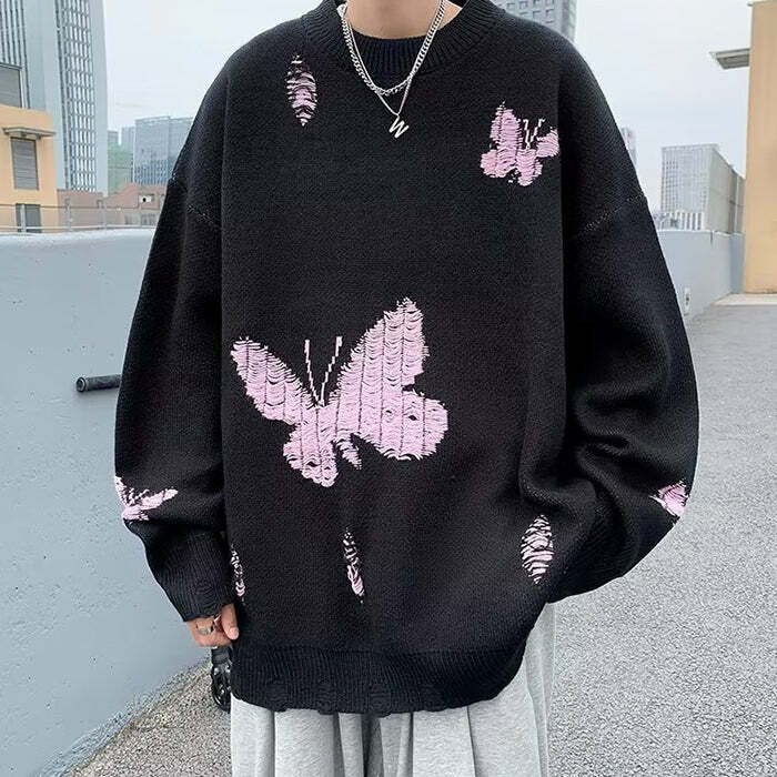 Y2K Soft Boy Butterfly Embroidery Sweater for Aesthetic Outfits