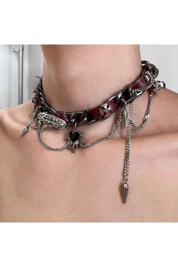 Y2K Spiked Heart Chain Choker for Grunge and Coquette Aesthetic Styles