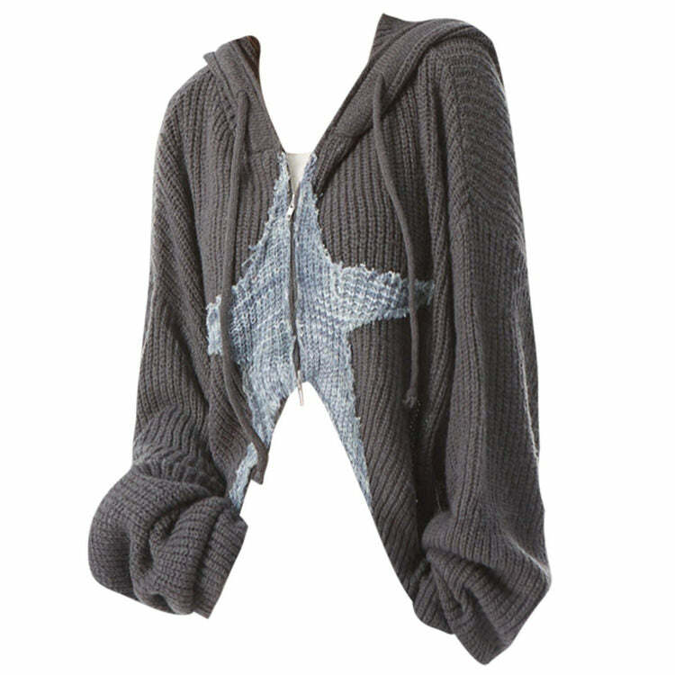 Y2K Star Girl Aesthetic Zip-Up Knit Hoodie for Cozy Chic Vibes