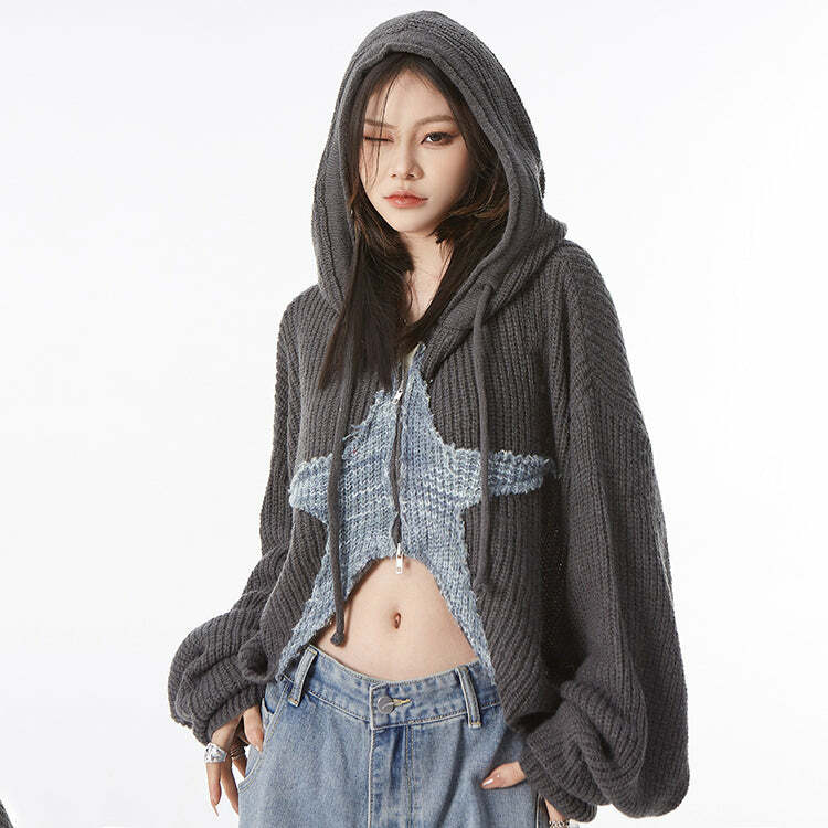 Y2K Star Girl Aesthetic Zip-Up Knit Hoodie for Cozy Chic Vibes