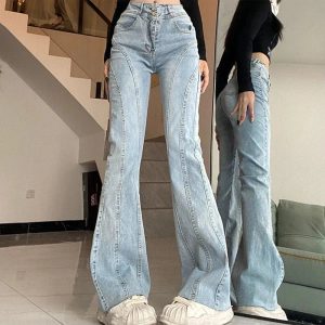 Y2K Stitch Flare Jeans for Grunge Aesthetic & Coquette Style Outfits