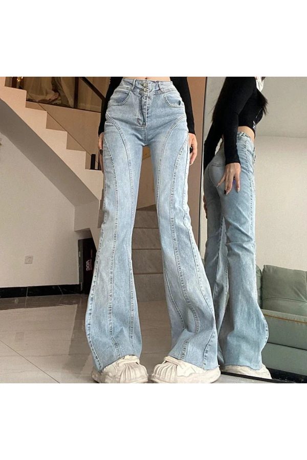 Y2K Stitch Flare Jeans for Grunge Aesthetic & Coquette Style Outfits