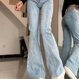 Y2K Stitch Flare Jeans for Grunge Aesthetic & Coquette Style Outfits