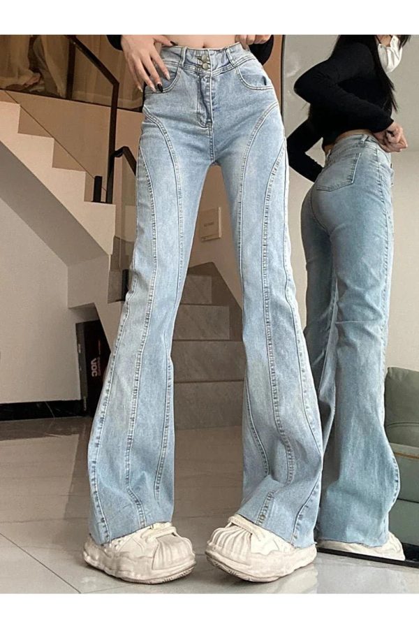 Y2K Stitch Flare Jeans for Grunge Aesthetic & Coquette Style Outfits