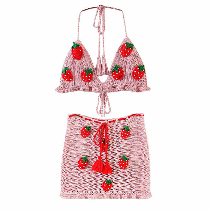 Y2K Strawberry Crochet Top & Skirt Co-Ord for Cute Aesthetic Outfits