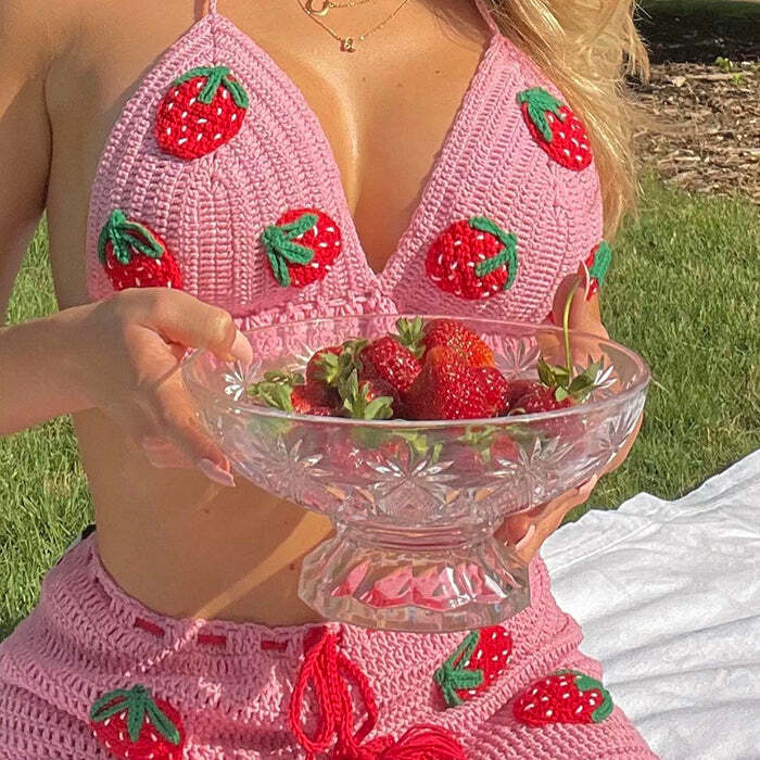 Y2K Strawberry Crochet Top & Skirt Co-Ord for Cute Aesthetic Outfits