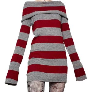 Y2K Striped Gothic Off-Shoulder Dress for Coquette and Grunge Aesthetics