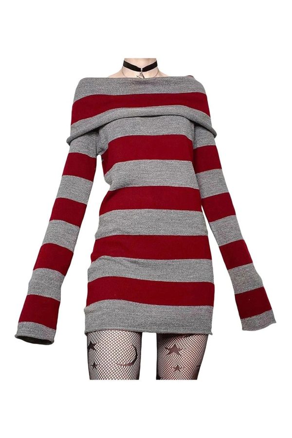 Y2K Striped Gothic Off-Shoulder Dress for Coquette and Grunge Aesthetics