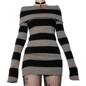 Y2K Striped Gothic Off-Shoulder Dress for Coquette and Grunge Aesthetics