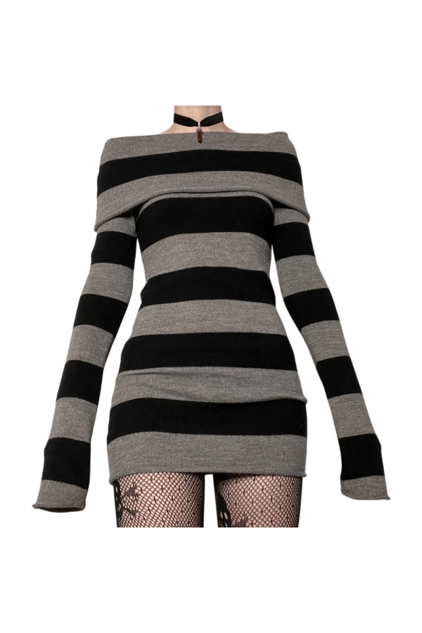 Y2K Striped Gothic Off-Shoulder Dress for Coquette and Grunge Aesthetics