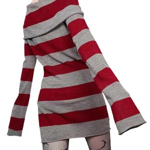 Y2K Striped Gothic Off-Shoulder Dress for Coquette and Grunge Aesthetics