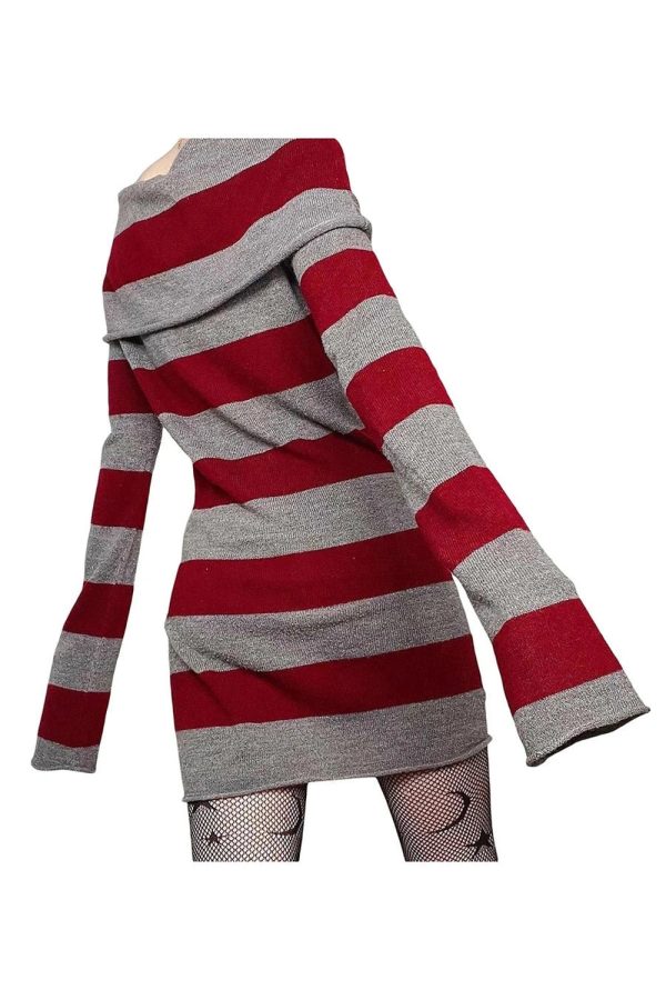 Y2K Striped Gothic Off-Shoulder Dress for Coquette and Grunge Aesthetics