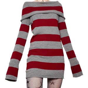 Y2K Striped Gothic Off-Shoulder Dress for Coquette and Grunge Aesthetics