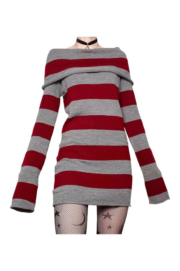 Y2K Striped Gothic Off-Shoulder Dress for Coquette and Grunge Aesthetics