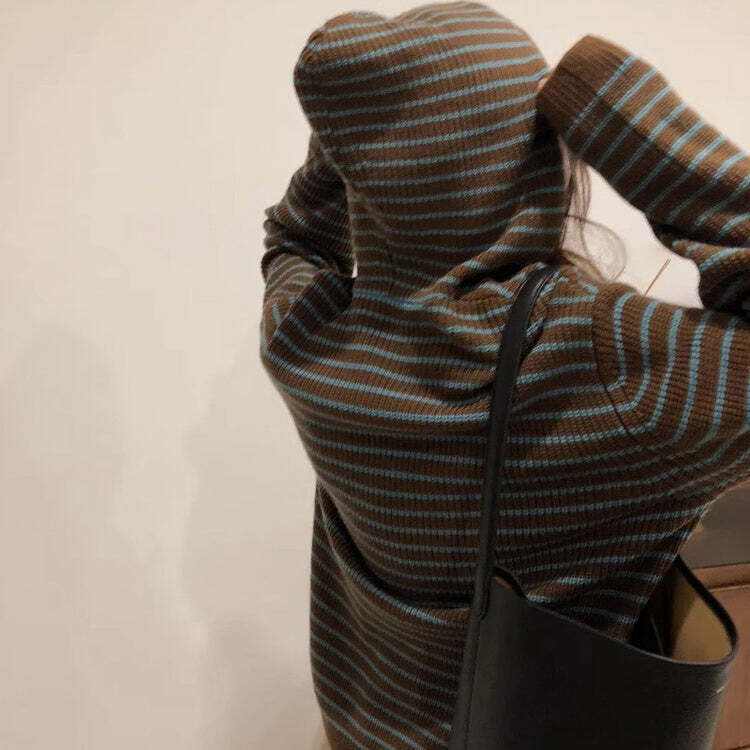 Y2K Striped Knit Hoodie - Comfy Aesthetic Top for Cozy Outfits