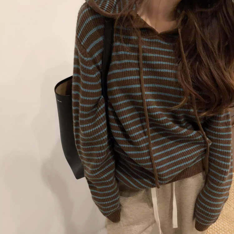 Y2K Striped Knit Hoodie - Comfy Aesthetic Top for Cozy Outfits