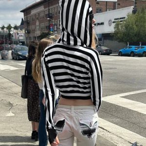 Y2K Striped Shadow Crop Hoodie for Cute Aesthetic Outfits