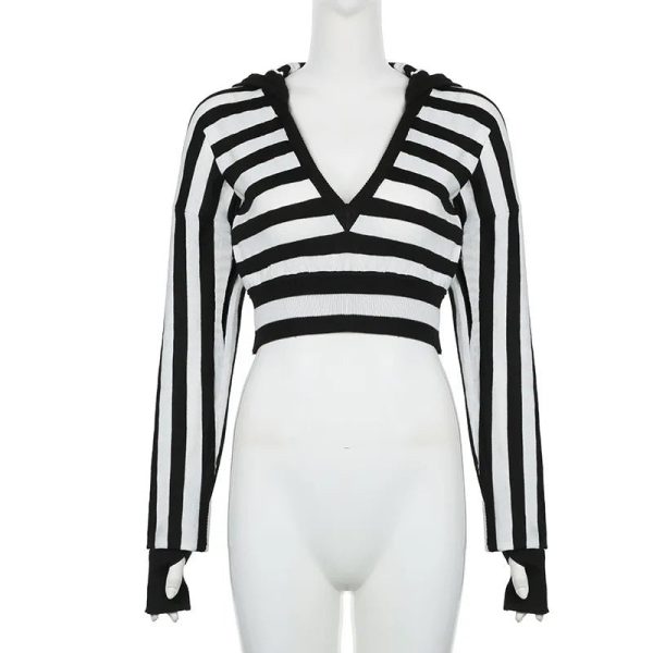 Y2K Striped Shadow Crop Hoodie for Cute Aesthetic Outfits