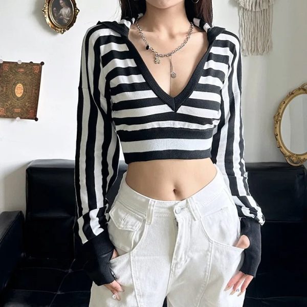 Y2K Striped Shadow Crop Hoodie for Cute Aesthetic Outfits