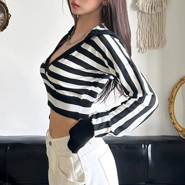 Y2K Striped Shadow Crop Hoodie for Cute Aesthetic Outfits