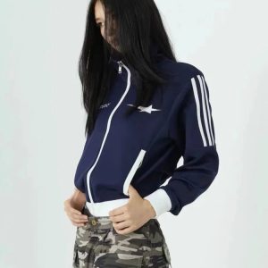 Y2K Striped Track Jacket for Grunge and Coquette Aesthetic Outfits