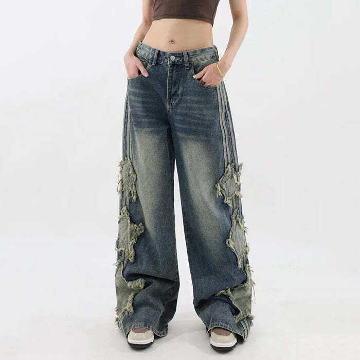 Y2K Style Side Stripe Star Jeans for Trendy Aesthetic Outfits