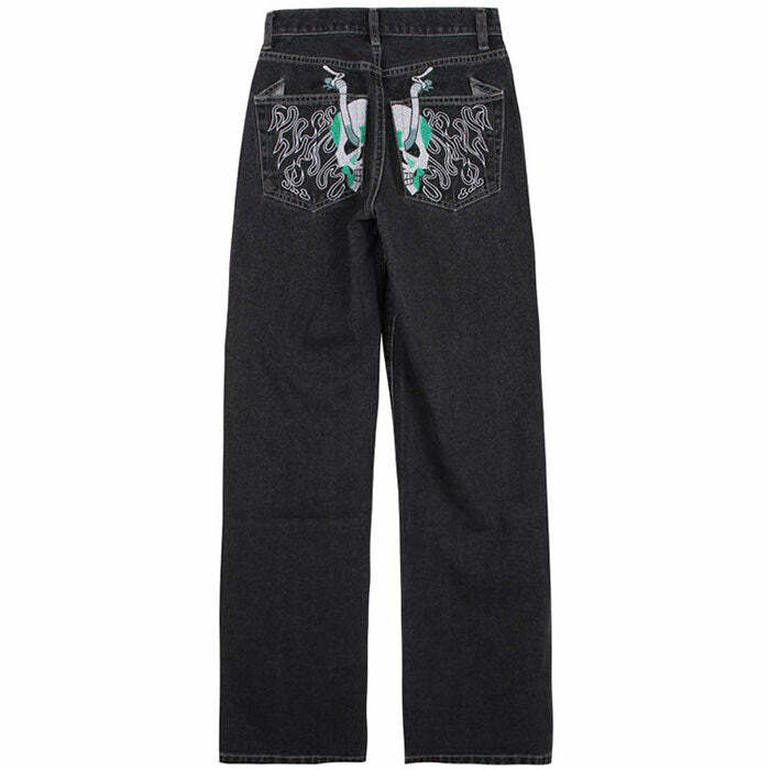 Y2K Style Skeleton Embroidery Jeans for Grunge and Coquette Aesthetics