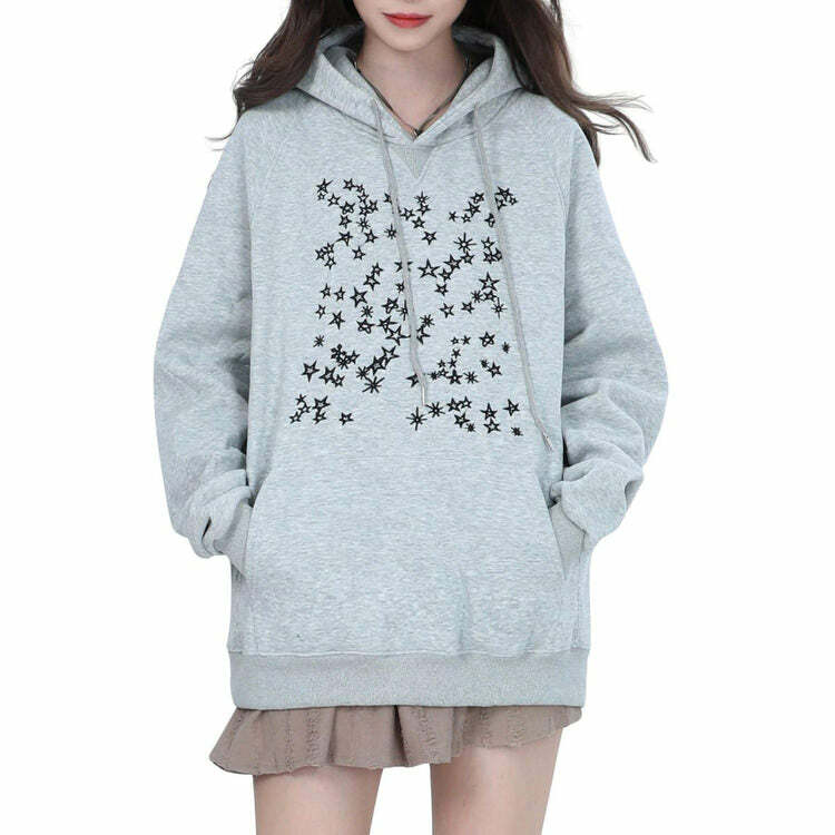 Y2K Style Stars Embroidery Hoodie - Cute & Comfy Aesthetic Top