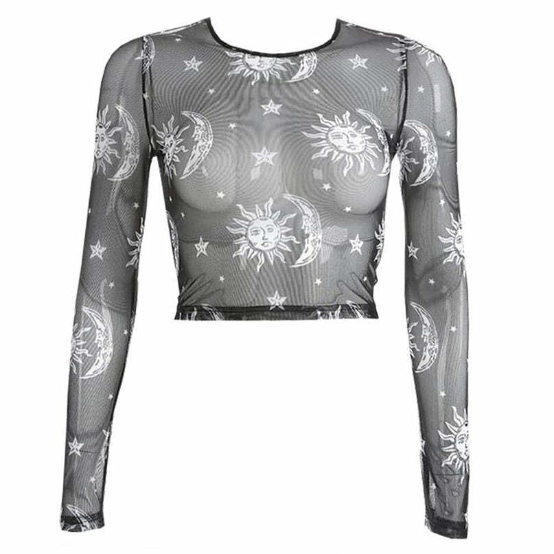 Y2K Sun and Moon Mesh Top - Cute Aesthetic for Grunge and Coquette Styles